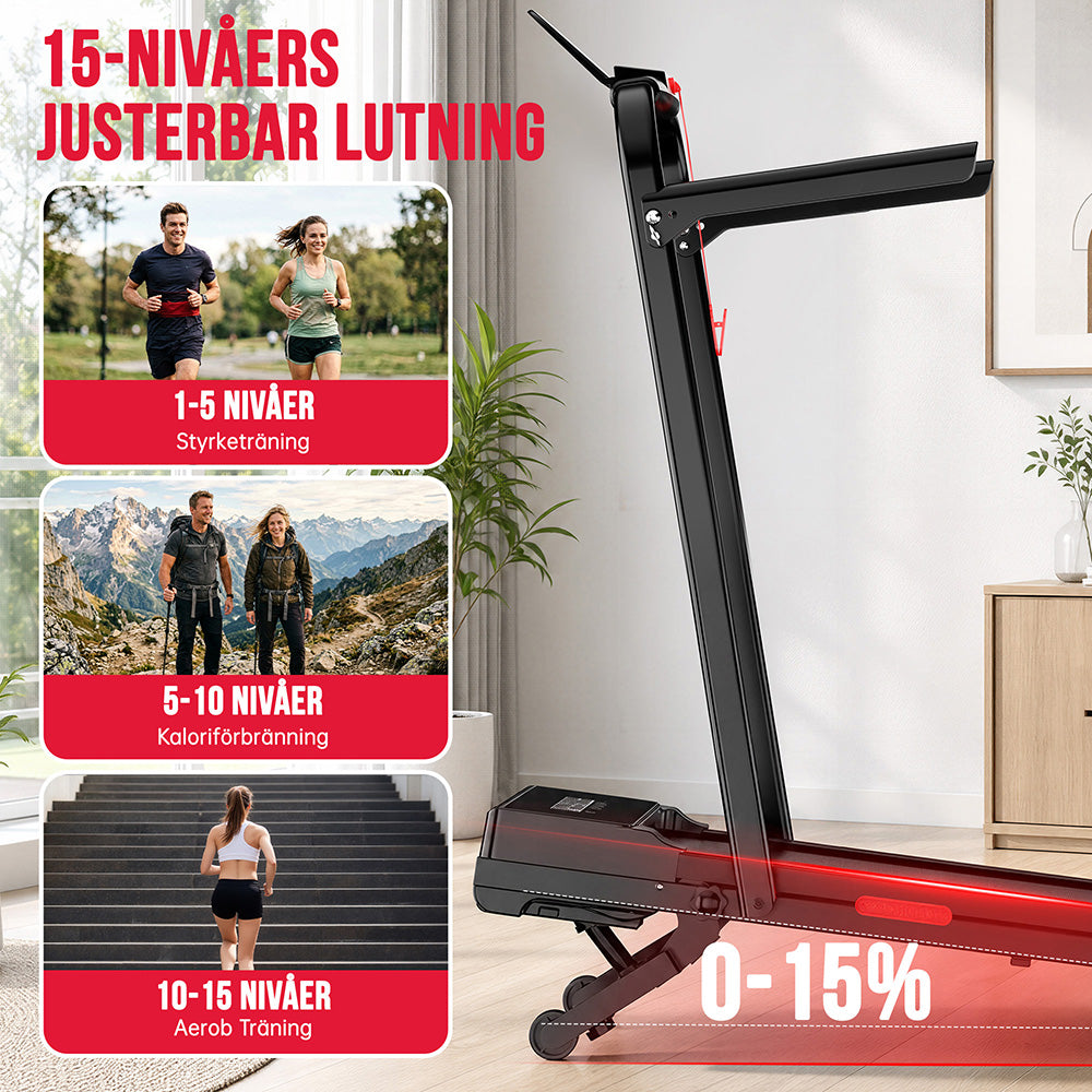 Löpband Y5 med Borstlös Motor, Hastighet 1-10KM/H, 0%-15% Automatisk Lutning